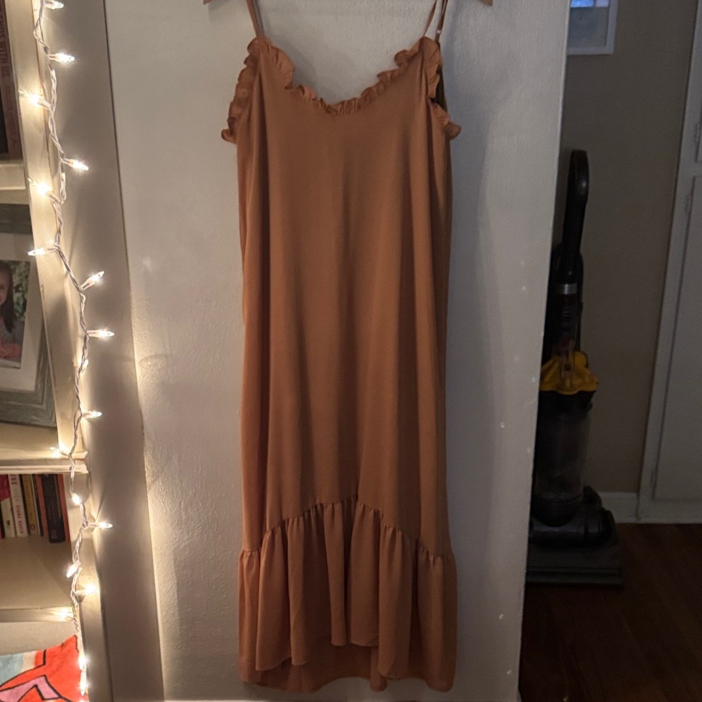 Emmer & Oat Elegant Tan Ruffle Dress